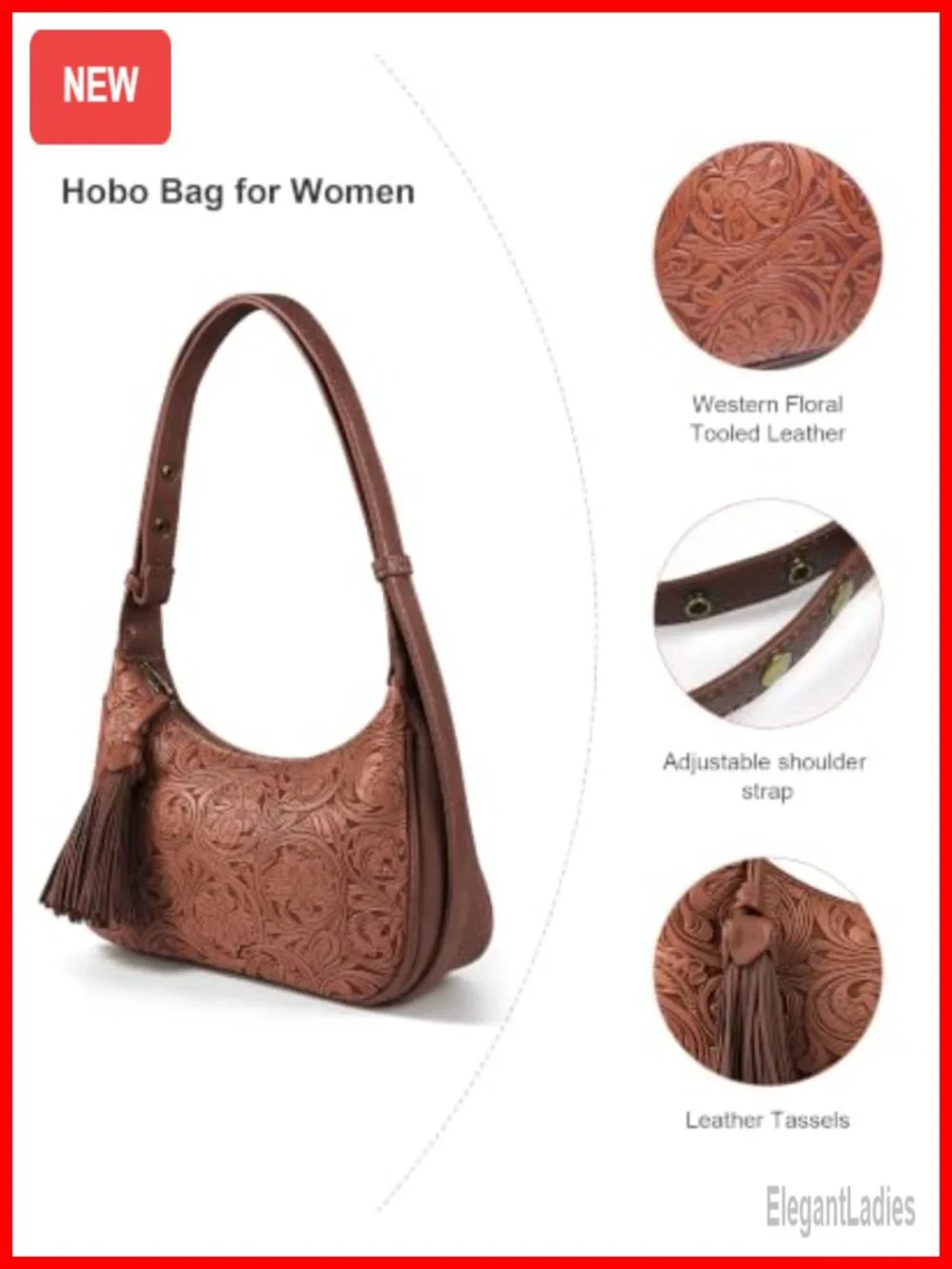 Vegan Leather Floral Embossed Hobo Bag with Tassel Adjustable Strap